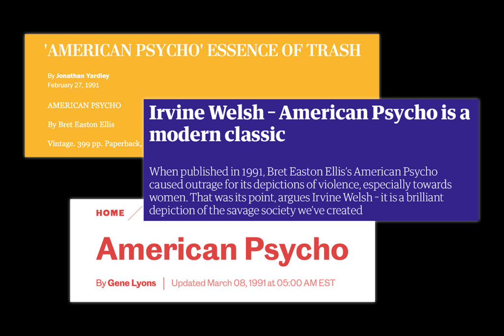 Kuvassa American Psychon arvostelujen otsikoita